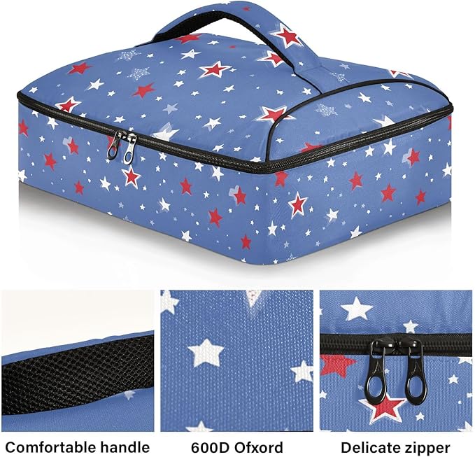 Casserole Carrier Red Blue Stars PrintInsulated Casserole Carrier for Hot or Cold Food Thermal Lunch Tote for Potluck Parties Picnic Beach Fits 9 x 13 Inches Baking Dish