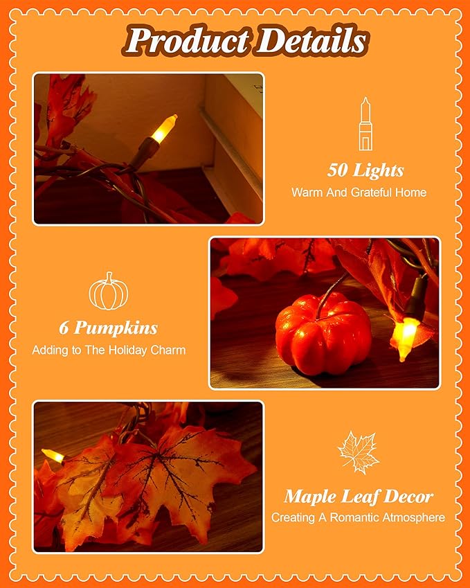 VCOKEN 11FT Fall Garland With Lights - 50 Bulbs Connectable Maple Leaves With Pumpkin Plug-in Decor for Outdoor Indoor Halloween Thanksgiving Holidays