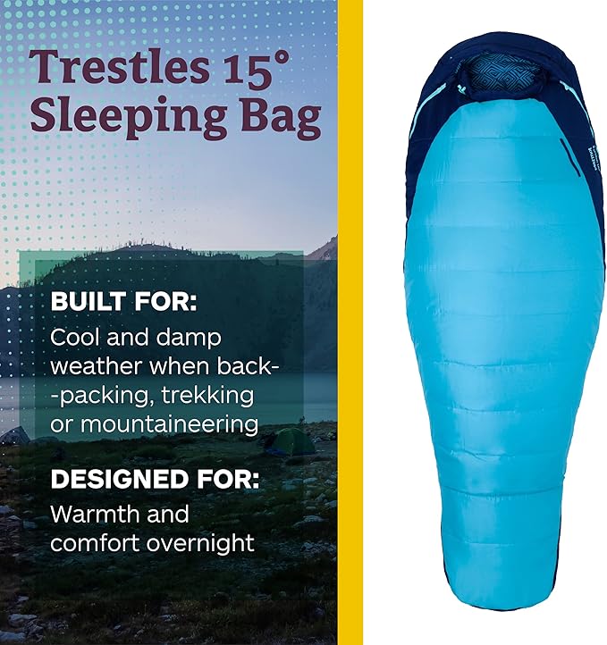 Marmot Women’s Trestles 15° Sleeping Bag | Insulated Water-Resistant Left-Zip French Blue/Harbor Blue Long