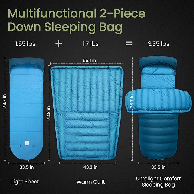 ATEPA Down Sleeping Bag for Adults Recycled Ultralight 35°F 40°F 45°F 50°F 650FP / 700FP 3 Season Compact Sleeping Bags with Compression Sack for Backpacking Camping Hiking Can Be Attached to Pad