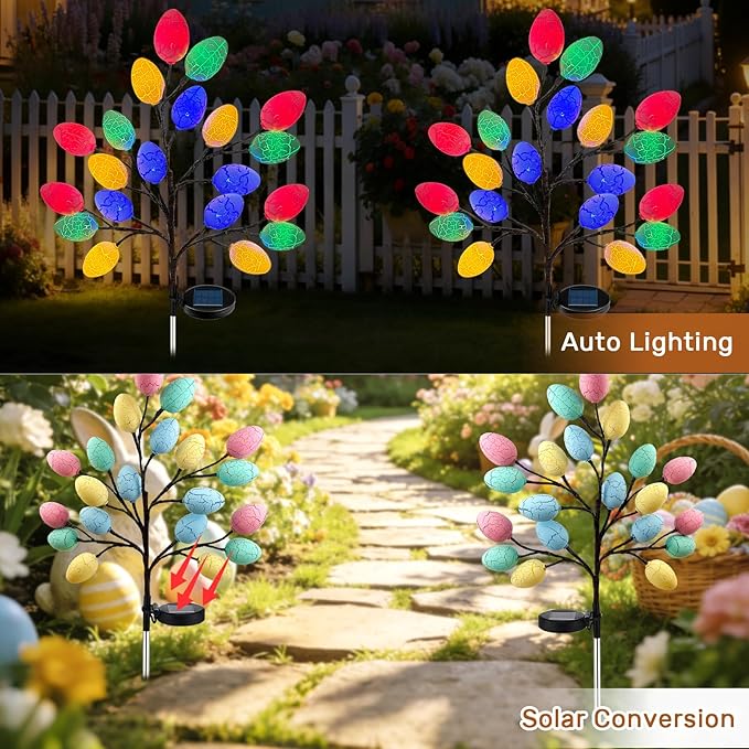 2 Pack Solar Easter Egg Lights Outdoor 40 LED Waterproof Solar Easter Yard Decorations Outdoor Easters Yard Stakes Lights with 2 Lighting Modes for Outside Lawn Walkway Patio Cemetery Grave