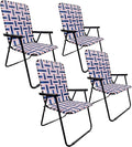 Lawn Chair Folding Steel Webbing Chaise Patio Lounger Seat Wood Handles Great for Camping Beach Fishing Backyard Stadium Pool Boating and Sports 4 Pack Blue/Red
