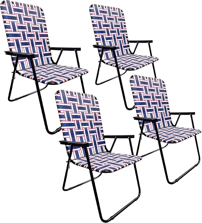 Lawn Chair Folding Steel Webbing Chaise Patio Lounger Seat Wood Handles Great for Camping Beach Fishing Backyard Stadium Pool Boating and Sports 4 Pack Blue/Red