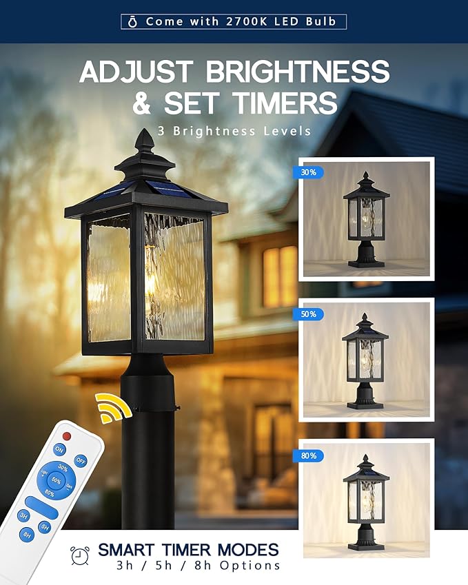 FEMILA Solar Post Lights Outdoor 17 Dusk to Dawn Lamp Posts Outdoor Lighting Aluminum Glass Light Posts for Outside Driveway Garden with Remote Control 4FYX88P SL BK SW