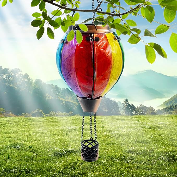 Glass Solar Hot Air Balloon Lantern with Flame Hanging Garden Flickering Light Outdoor Waterproof for Yard Patio Tree Mother's Day Gift Colorful