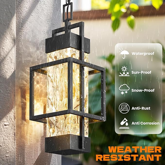 Hotsonic 15'' Outdoor Indoor Pendant Celing Light Fixture Modern Exterior Hanging Chandelier Porch Lights Black Aluminum Outside Lantern Lamp for Entrance Foyer Entryway (Bulb Included)