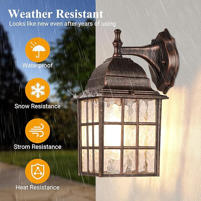 Farmhouse Exterior Light Fixtures - Sensor Dusk to Dawn Outdoor Porch Lights Black Brush Gold Wall Sconce Outside Wall Lantern for Front Door Garage 2 Pack