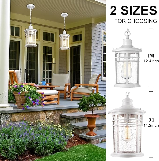 Darkaway Outdoor Pendant Lights for Porch Outdoor Chandelier Hanging Porch Lights Ceiling Mount Aluminum with Seeded Glass for Front Porch Gazebo Patio (Medium White)