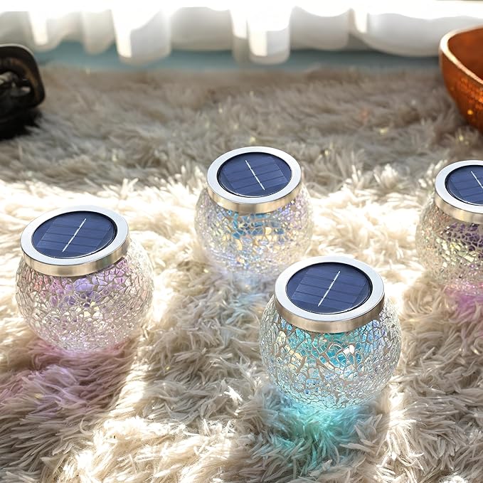 Cooo Gift for her him 4 Pack Heavy Solar Mosaic Crackle Glass Lights with Dual Solar Panels Color-Changing RGB Lantern Exclusive Dazzling Glass Waterproof Outdoor Table Lamps Garden Lamp