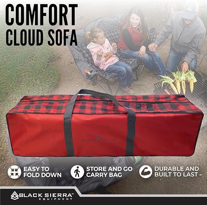 Black Sierra Double Camping Chair for Adults Oversized Folding Loveseat Supports 600 lbs Plush Padded Outdoor Couch with Cup Holders and Carry Bag for Beach Patio RV or Tailgating Events