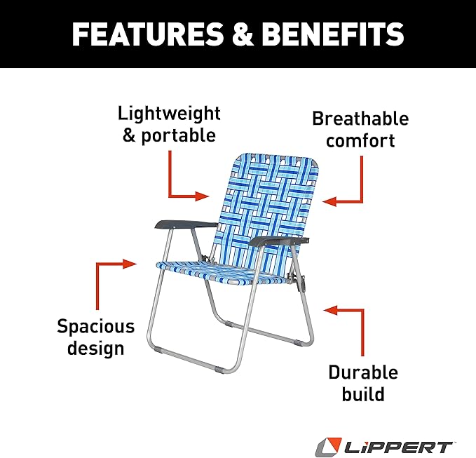 Lippert Blue Vintage XL Webbed Folding Outdoor Lawn Chair with Nylon Material Steel Tube Frame Construction Anti-Slip Feet for The Yard Beach Concerts Sporting Events Camping - 2022301768