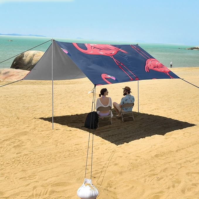 Flamingo Cute Cartoon Camping Sun Shelter Beach Tent Portable Beach Sun Shade Outdoor Canopy for Camping Trips Fishing Picnic