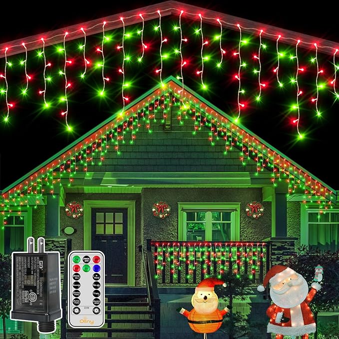 Ollny Icicle Lights for Outside 504LED 41FT Red and Green Christmas Light with Remote 8Modes Timers Waterproof Plug in Connectable Hanging Lights for Outdoor Indoor House Roof Holiday