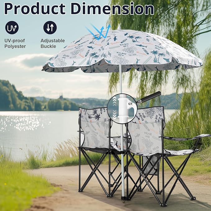 Vasitelan Double Camping Chair with Umbrella Folding Loveseat Chairs w/Canopy Shade Carrying Bag Table Cup Holder Portable Beach Chairs Outdoor Picnic Patio (Colorful)