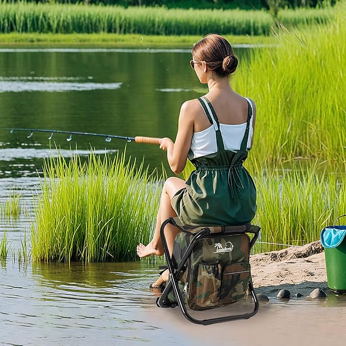 LEADALLWAY Fishing Chair with Cooler Bag Compact Fishing Stool Foldable Camping Chair
