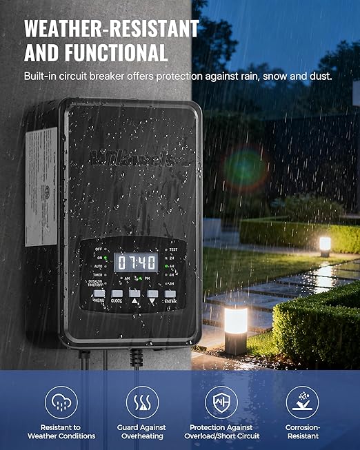 600W Low Voltage Landscape Transformer Weatherproof Outdoor Low Voltage Transformer 120V AC to 12/14V AC Landscape Lighting Transformer with Timer and Photocell Sensor ETL Listed D15LT06