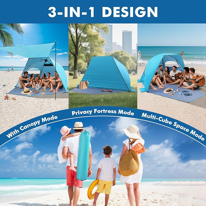 Elegear CumbreX™ Beach Tent with Canopy 4-6 Person 1-Second Umbrella-Style Setup Pop Up Sun Shelter Shade UPF 50+ UV Protection Four-Layer Silver-Coated Lightweight Portable Beach Cabana - Aqua Blue