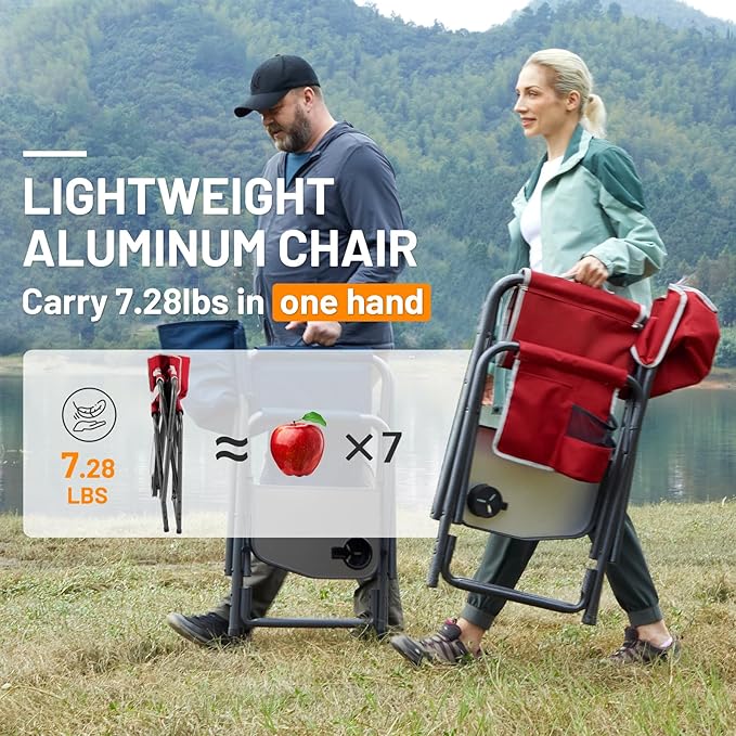 TIMBER RIDGE Lightweight Oversized Camping Chair Aluminum Directors Chair with Side Table for Outdoor Camping Lawn Picnic and Fishing Supports 400lbs Red 2PCS