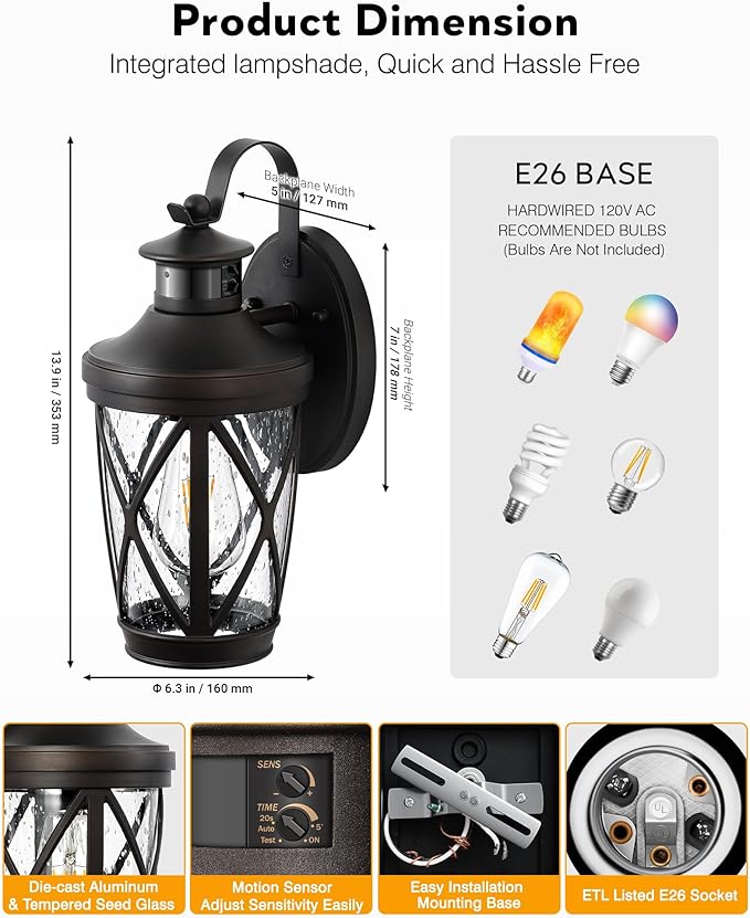 VIANIS Motion Sensor Outdoor Wall Lantern for Porch Oil Rubbed Bronze Exterior Lighting Fixtures Wall Mount 2-Pack Exterior Sconce Light with Tempered Seed Glass Outdoor Garage Lights for Coach