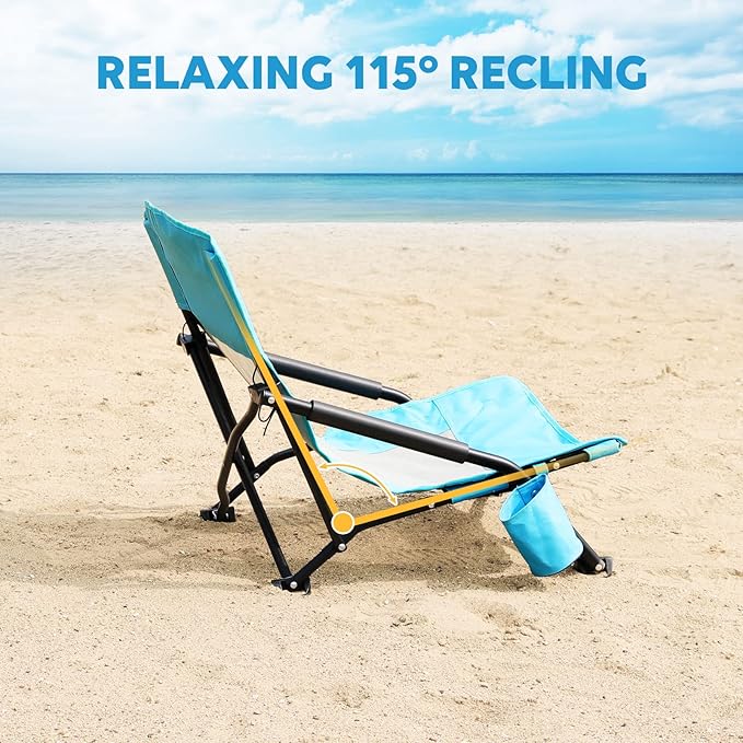 TOBTOS Low Beach Chair for Adults 2 Pack Low Profile Folding with Cup Holder &amp Carry Bag Heavy Duty Chair for Outdoor Sand Camping Concert Travel