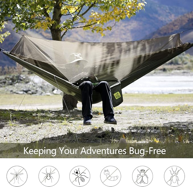 Miztli Camping Hammock with Net and Rain Fly Portable Lightweight Outdoor Hammock Tree Travel Backpacking Hammock Tent with 20Ft(Total) Tree Straps Perfect for Camping Hiking Yard Adventure Survival