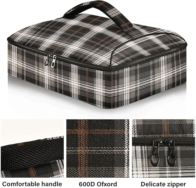 Casserole Carrier Black Brown Tartan Plaid Pattern Print Insulated Casserole Carrier for Hot or Cold Food Thermal Lunch Tote for Parties Picnic Travel Carry Bag