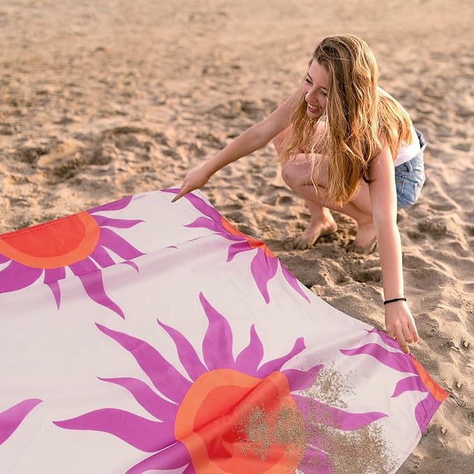 Large Beach Blanket Waterproof Sandproof 9×10 FT Beach Mat Sand Free for 2-8 Adults with Stakes and Sand Pocket Foldable Picnic Blankets for Outdoor Camping Hiking Vacation Essentials-Boho Sunset