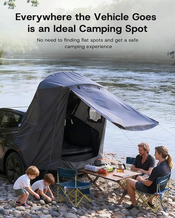 Tailgate Camping Tent for Tesla Model Y 2020-2024 Accessories [UPF50+ &amp Waterproof PU 3000mm] 420D Oxford Fabric Car Tailgate Shade Awning with Screen Net Suitable for 2-4 Person - Grey
