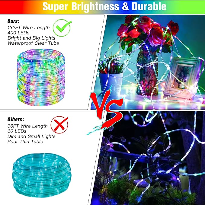 132Ft Rope Lights for Outside Waterproof 18 Colors Changing Rope Lights Fairy String Lights with Remotes 400 LEDs Dimmable Twinkle Christmas Lights for Bedroom Patio Halloween Decorations