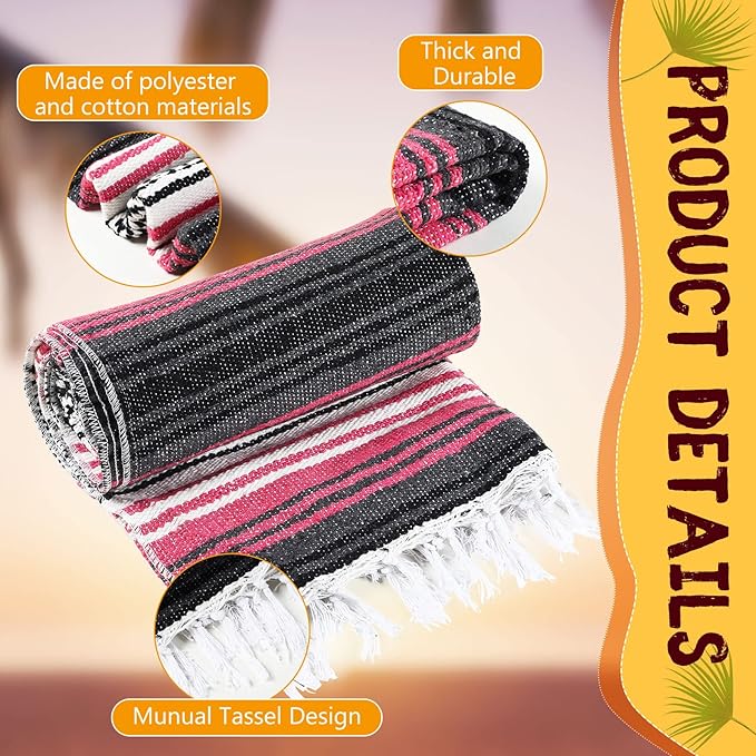 Macarrie 12 Pcs Mexican Beach Blankets Bulk Large Thick Serape Blanket Colorful Striped Yoga Throw for Outdoor Beach Park Picnic Car Couch Home