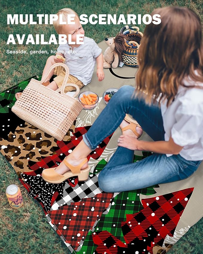 Beach Blanket Waterproof Sandproof Christmas Tree Red Black Buffalo Plaid Quick Drying Beach Mat with 4 Stakes Watercolor Leopard Xmas Trees Lightweight Picnic Blanket for Travel Camping 108x84