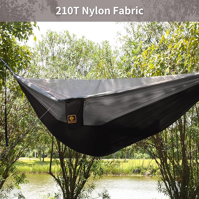 Camping Hammock Portable Hammocks with Mosquito NetLightweight Nylon Parachute Hammock with 10ft Tree StrapsCamping Gear Must Haves for Travel Hiking Backpacking Beach Patio-Black&ampGrey