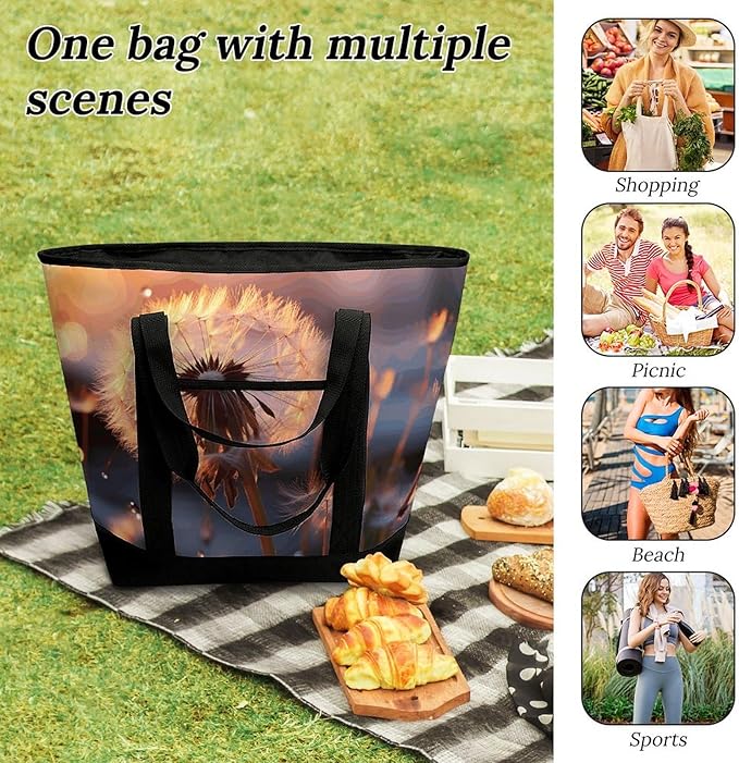 Insulated Shopping BagLarge Reusable Cooler Bags Dandelion Flower Printed Foldable Shopping BagTravel Waterproof Shoulder Bag