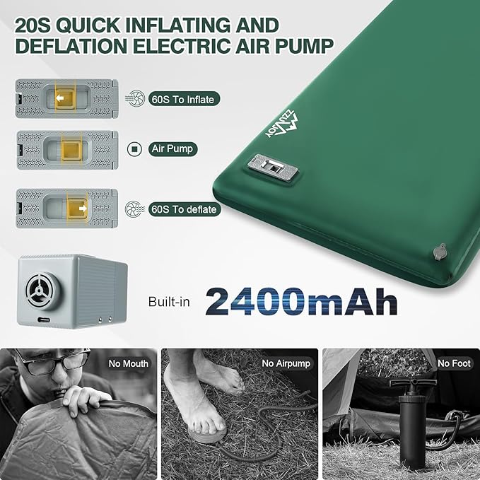 Self Inflating Sleeping Pad with Electric Pump 3.15 Ultra-Thick Memory Foam Camping Mattress 4-Season Sleeping Pad with Built-in Pillow for Camping Tent Car Travel