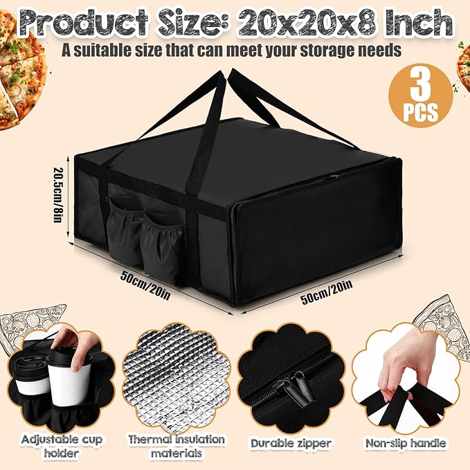 LemonRoad 3 Pcs Pizza Delivery Bag with 4 Cup Holder Insulated Food Grocery Bag 20 x 20 x 8 Pizza Warmer Bags for Carry Hot Catering Delivery Driver Essentials (Black)