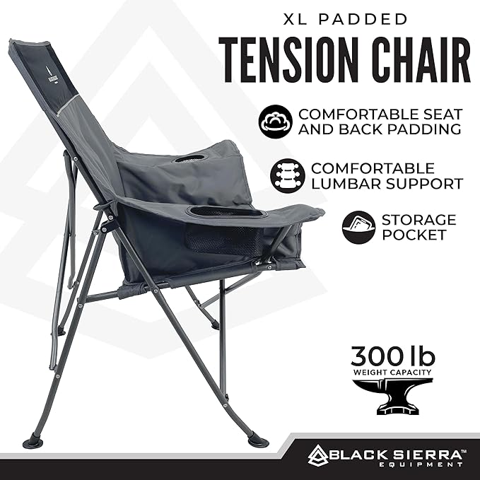 Black Sierra Camping Chair – XL Outdoor Foldable Seat Padded Tension Heavy-Duty Steel Frame Supports 300 lbs – Portable Lightweight for Camping Sports Patio Events