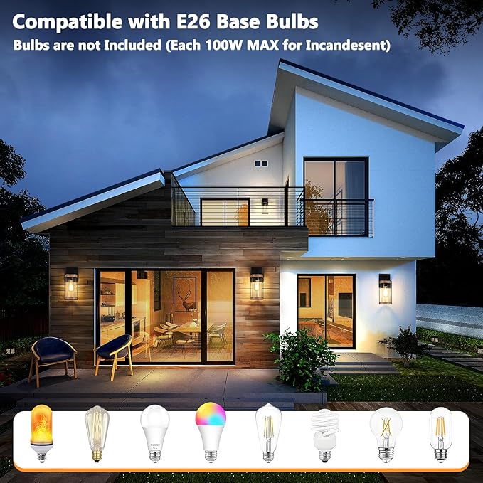2-Pack Outdoor Light Fixtures Waterproof Modern Exterior Wall Lantern Porch Lights Black Wall Sconce with Clear Ribbed Glass Outside Light with Wood Texture for House Bulbs Not Included