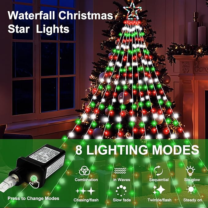 Outdoor Christmas Decorations String Lights 320 LED 11.5 Ft Waterfall Tree Lights with Star Topper 8 Lighting Modes Christmas Light for Indoor Outdoor Yard Home Festival Xmas New Year Decor