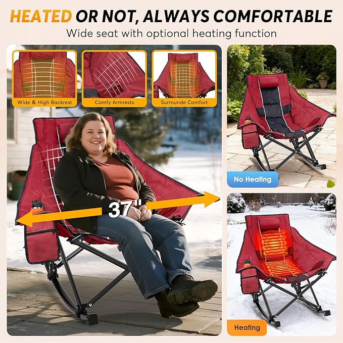 Suteck Heated Rocking Camping Chair - Oversized Heated Camping Chair W/20000mAh Power Bank &amp Carry Bag Fully Padded Heated Chairs for Outdoor Sports W/3 Heat Levels for Back &amp Seat Lawn Picn
