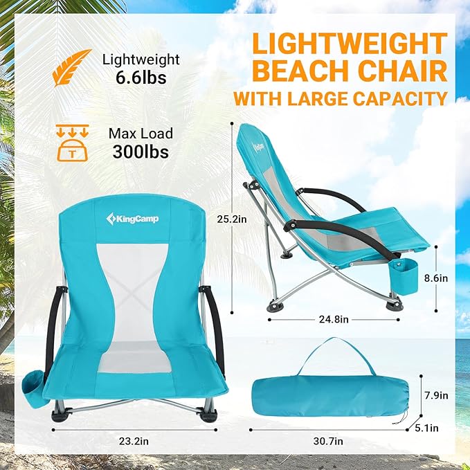 KingCamp Low Beach Chair Folding Portable Lightweight Backpack Chair for Adults with Cup Holder Pocket Carry Bag for Outdoor Camping Concert Festival Travel Sports Lawn Sand Cyan
