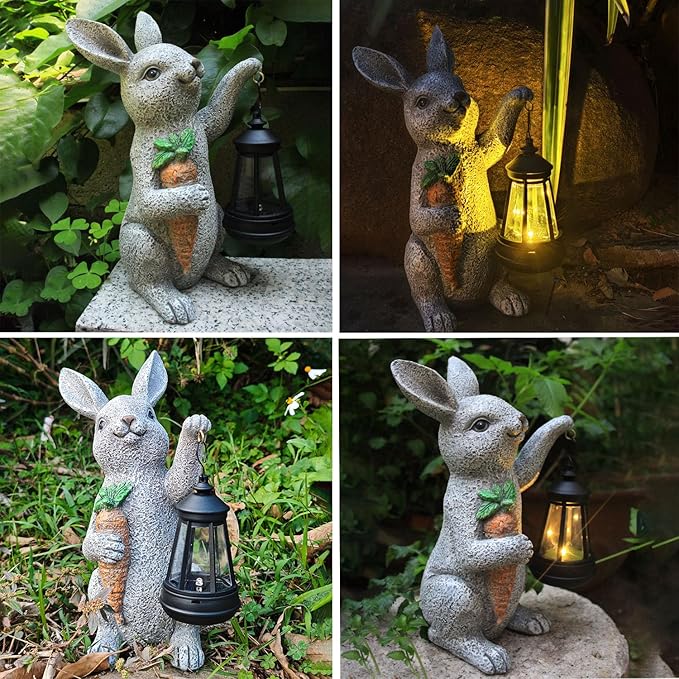 Garden Statues Rabbit Solar Lantern Outdoor Handmade Resin Statue Bunny with Cute Carrot for Patio YardMother's Day Gift Ideas (rabbit1)