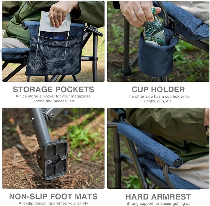 EVER ADVANCED Padded Oversized Folding Camping Chair for Adults Heavy Duty Lawn Chair with Side Pockets Portable Collapsible Quad Chair for Outside Support Up to 500lbs Blue