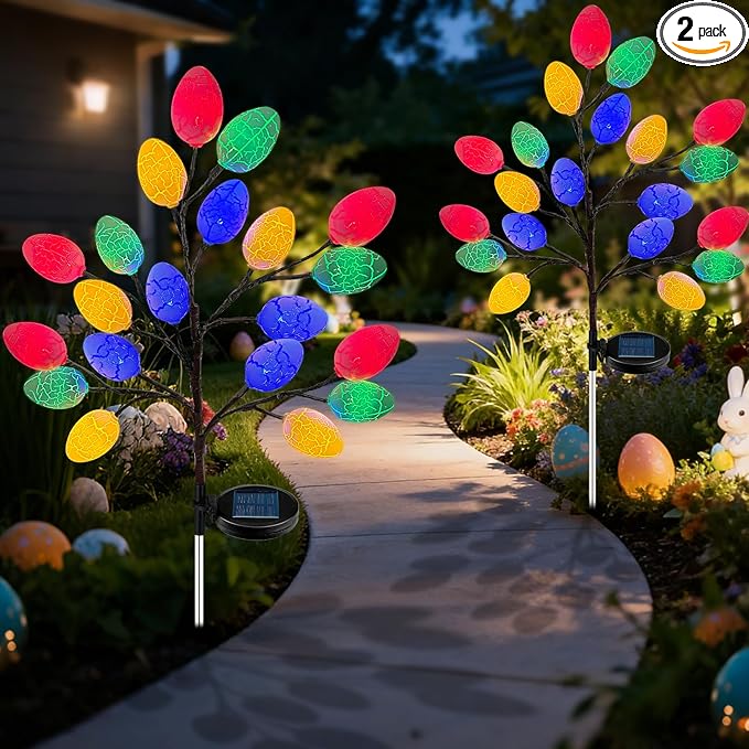 2 Pack Solar Easter Egg Lights Outdoor 40 LED Waterproof Solar Easter Yard Decorations Outdoor Easters Yard Stakes Lights with 2 Lighting Modes for Outside Lawn Walkway Patio Cemetery Grave