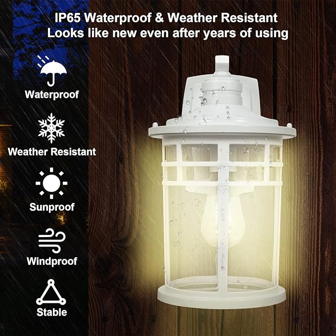 Darkaway Large Outdoor Porch Lights Wall Mount 15inch Outdoor Wall Sconces with Seeded Glass Waterproof Exterior Lights for Patio Yard House Hallway Doorway Garage(Large White)