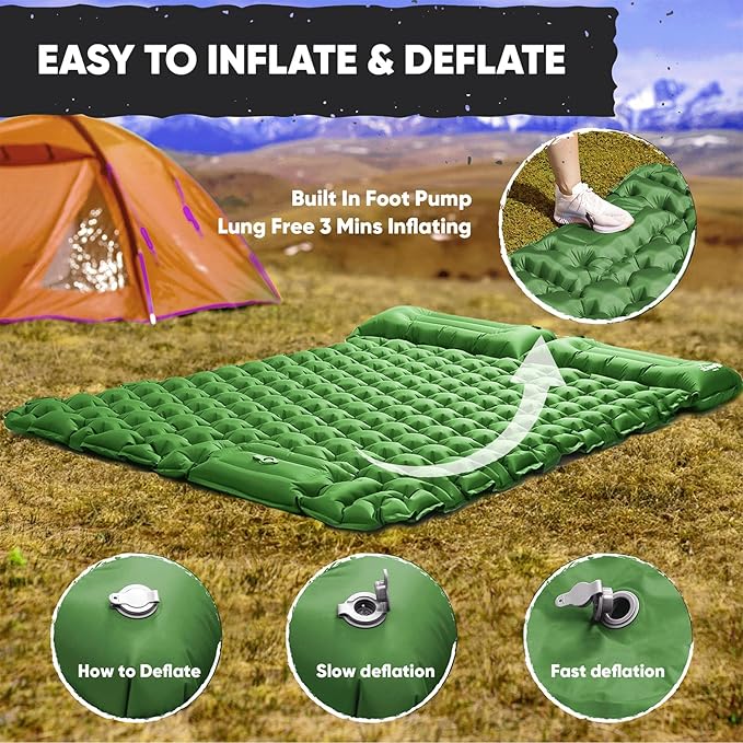 POWERLIX Double Camping Sleeping Pad Camping Pad for 2 Person with Pillow Built-in Foot Pump Inflatable Sleeping Pad for Camping Backpacking Hiking Portable Camping Mattress Green