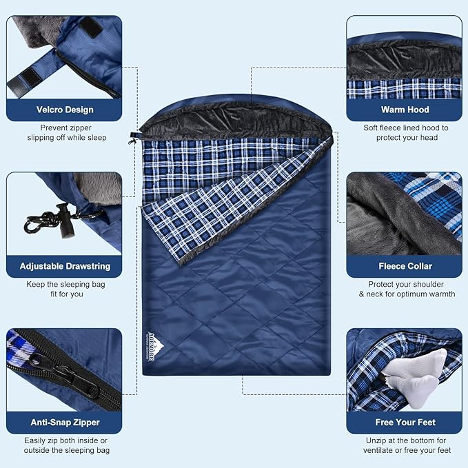 AGEMORE Cotton Flannel Double Sleeping Bag with Fleece Lined Hood Waterproof Queen Size 2 Person Sleeping Bag for Adults Cold Weather Camping Backpacking or Hiking 3-4season