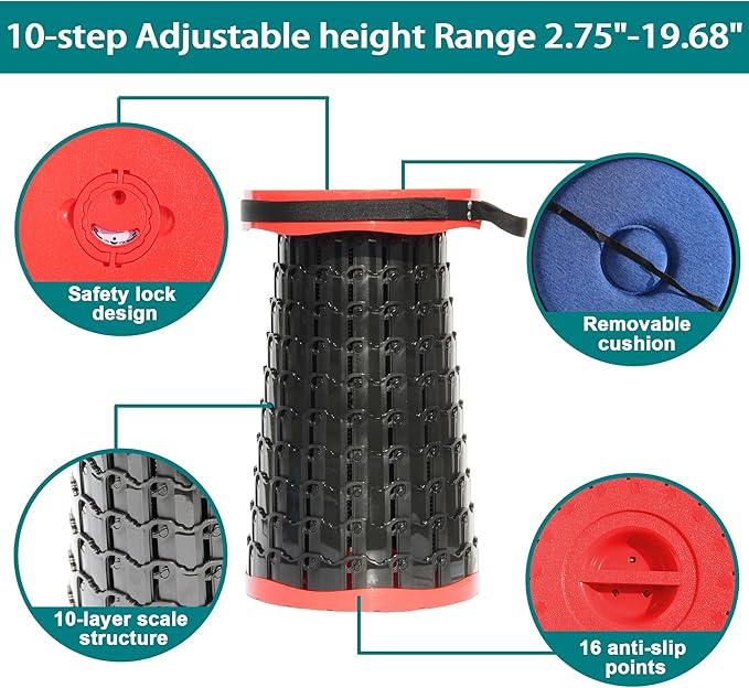 ALEVMOOM Upgraded XXL 50 Portable Collapsible Stool with CushionTelescoping Folding Stool for AdultsYet More Sturdy Camping Stool with Load Capacity 1000lbsfor Outdoor Garden Hiking BBQ Red