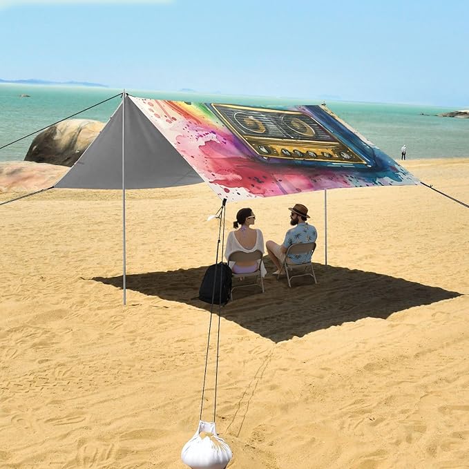 ALAZA Music Notes Radio Rainbow Beach Tent Sun Shelter UPF50+ Protection Beach Shade Canopy w/ 4 Sandbags for Outdoor Camping Fishing Backyard Fun Picnic 10x9 ft
