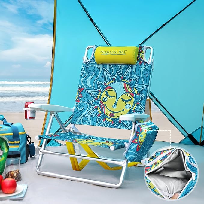 Old Bahama Bay Backpack Beach Chair Aluminum Lightweight Reclining 5-Position Lounge Chair for Adults Heavy Duty Support 400 LBS Portable Folding with Cooler Bag Camping Chair for Sand Outdoor