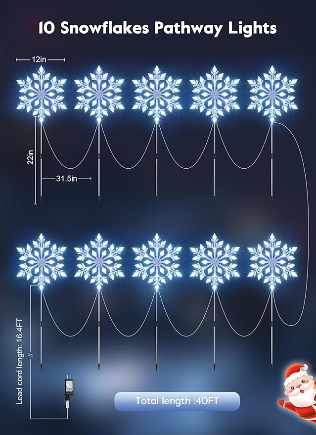 Brightown Snowflake Lights Outdoor 10 Large Snowflake Christmas Pathway Lights Christmas Decorations Outside Yard Sidewalk Walkway Driveway Marker Garden Lawn Stakes with LED Lights White